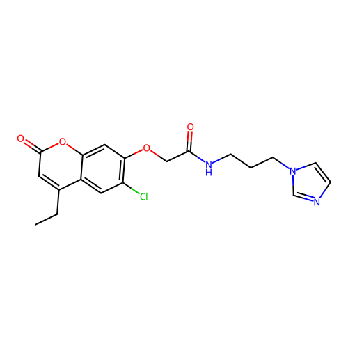 2-[(6-chloro-4-ethyl-2-oxo-2H-chromen-7-yl)oxy]-N-[3-(1H-imidazol-1-yl)propyl]acetamide structure