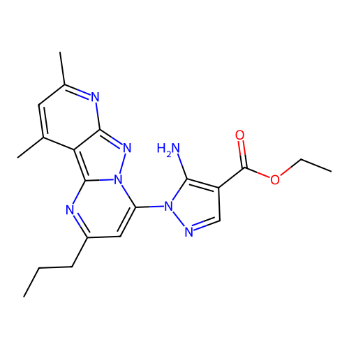 ethyl 5-amino-1-(8,10-dimethyl-2-propylpyrido[2',3':3,4]pyrazolo[1,5-a]pyrimidin-4-yl)-1H-pyrazole-4-carboxylate structure