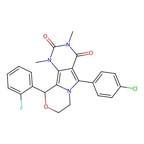 5-(4-chlorophenyl)-10-(2-fluorophenyl)-1,3-dimethyl-1,7,8,10-tetrahydro-2H-pyrimido[4',5':3,4]pyrrolo[2,1-c][1,4]oxazine-2,4(3H)-dione structure