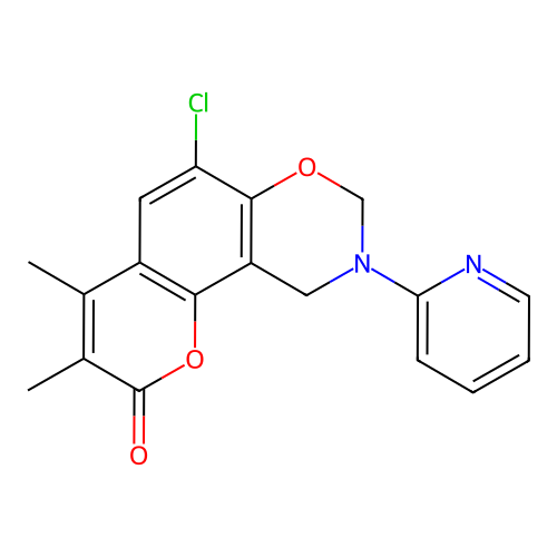 6-chloro-3,4-dimethyl-9-pyridin-2-yl-8,10-dihydropyrano[2,3-f][1,3]benzoxazin-2-one structure