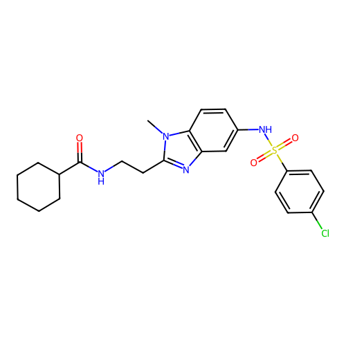 N-(2-(5-(4-chlorophenylsulfonamido)-1-methyl-1H-benzo[d]imidazol-2-yl)ethyl)cyclohexanecarboxamide structure