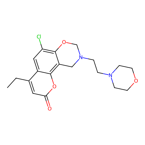 6-chloro-4-ethyl-9-(2-morpholinoethyl)-9,10-dihydrochromeno[8,7-e][1,3]oxazin-2(8H)-one structure