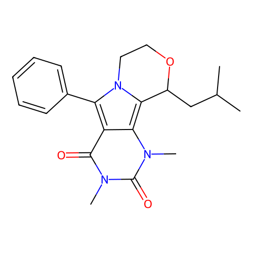 1,3-dimethyl-10-(2-methylpropyl)-5-phenyl-1,7,8,10-tetrahydro-2H-pyrimido[4',5':3,4]pyrrolo[2,1-c][1,4]oxazine-2,4(3H)-dione structure
