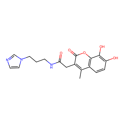 2-(7,8-dihydroxy-4-methyl-2-oxo-2H-chromen-3-yl)-N-[3-(1H-imidazol-1-yl)propyl]acetamide structure