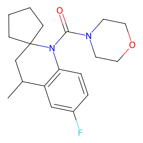 (6'-fluoro-4'-methyl-3',4'-dihydro-1'H-spiro[cyclopentane-1,2'-quinolin]-1'-yl)(morpholin-4-yl)methanone structure