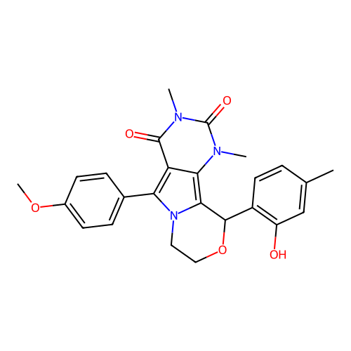 10-(2-hydroxy-4-methylphenyl)-5-(4-methoxyphenyl)-1,3-dimethyl-1,7,8,10-tetrahydro-2H-pyrimido[4',5':3,4]pyrrolo[2,1-c][1,4]oxazine-2,4(3H)-dione structure