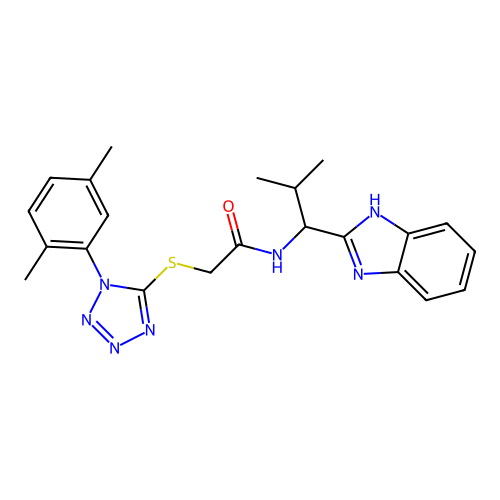 N-(1-(1H-benzo[d]imidazol-2-yl)-2-methylpropyl)-2-((1-(2,5-dimethylphenyl)-1H-tetrazol-5-yl)thio)acetamide structure