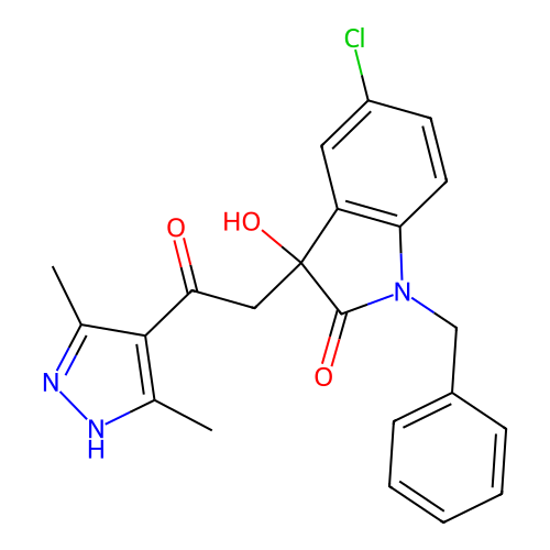 1-benzyl-5-chloro-3-[2-(3,5-dimethyl-1H-pyrazol-4-yl)-2-oxoethyl]-3-hydroxy-1,3-dihydro-2H-indol-2-one structure