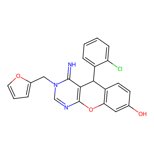 5-(2-chlorophenyl)-3-(furan-2-ylmethyl)-4-imino-5H-chromeno[2,3-d]pyrimidin-8-ol structure