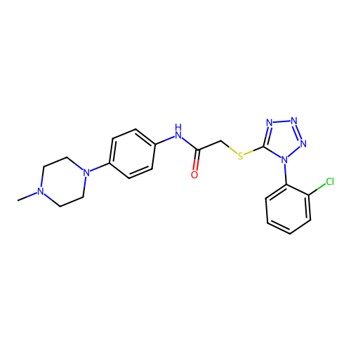 2-((1-(2-chlorophenyl)-1H-tetrazol-5-yl)thio)-N-(4-(4-methylpiperazin-1-yl)phenyl)acetamide structure