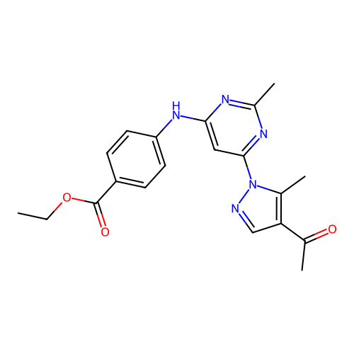ethyl 4-((6-(4-acetyl-5-methyl-1H-pyrazol-1-yl)-2-methylpyrimidin-4-yl)amino)benzoate structure