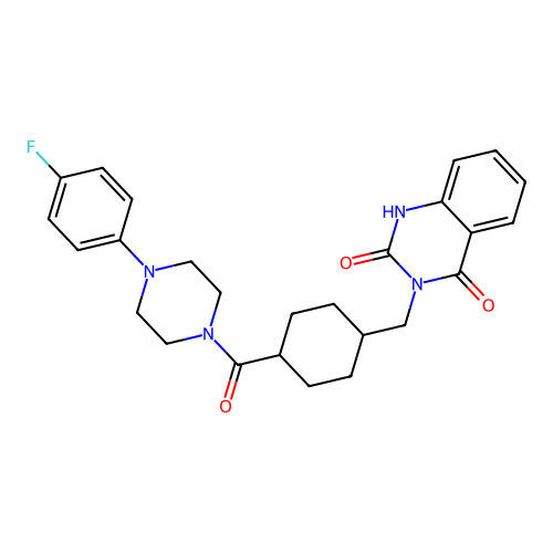 3-[[4-[4-(4-fluorophenyl)piperazine-1-carbonyl]cyclohexyl]methyl]-1H-quinazoline-2,4-dione structure