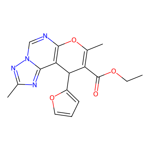 ethyl 10-(furan-2-yl)-2,8-dimethyl-10H-pyrano[3,2-e][1,2,4]triazolo[1,5-c]pyrimidine-9-carboxylate structure