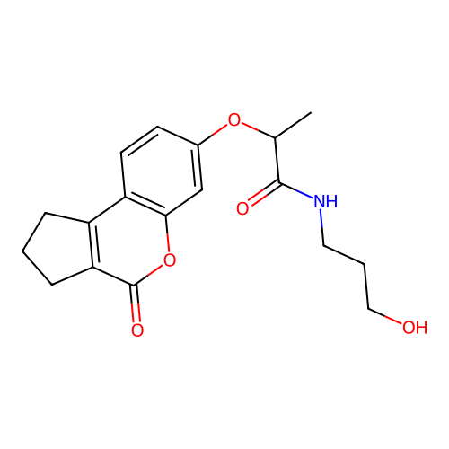 N-(3-hydroxypropyl)-2-((4-oxo-1,2,3,4-tetrahydrocyclopenta[c]chromen-7-yl)oxy)propanamide structure