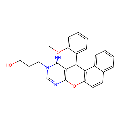 3-(11-imino-12-(2-methoxyphenyl)-11,12-dihydro-10H-benzo[5,6]chromeno[2,3-d]pyrimidin-10-yl)propan-1-ol structure
