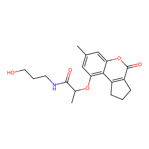 N-(3-hydroxypropyl)-2-((7-methyl-4-oxo-1,2,3,4-tetrahydrocyclopenta[c]chromen-9-yl)oxy)propanamide structure