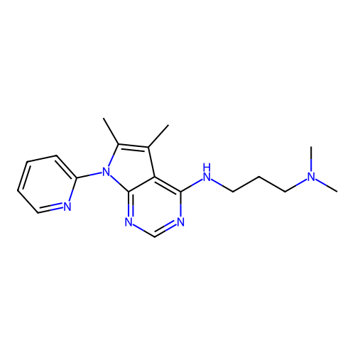 N'-[5,6-dimethyl-7-(pyridin-2-yl)-7H-pyrrolo[2,3-d]pyrimidin-4-yl]-N,N-dimethylpropane-1,3-diamine structure