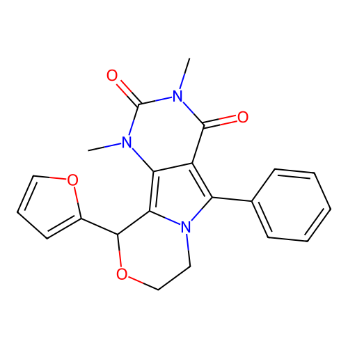 10-(2-furyl)-1,3-dimethyl-5-phenyl-1,7,8,10-tetrahydro-2H-pyrimido[4',5':3,4]pyrrolo[2,1-c][1,4]oxazine-2,4(3H)-dione structure