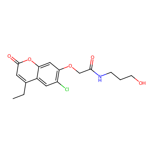 2-((6-chloro-4-ethyl-2-oxo-2H-chromen-7-yl)oxy)-N-(3-hydroxypropyl)acetamide structure