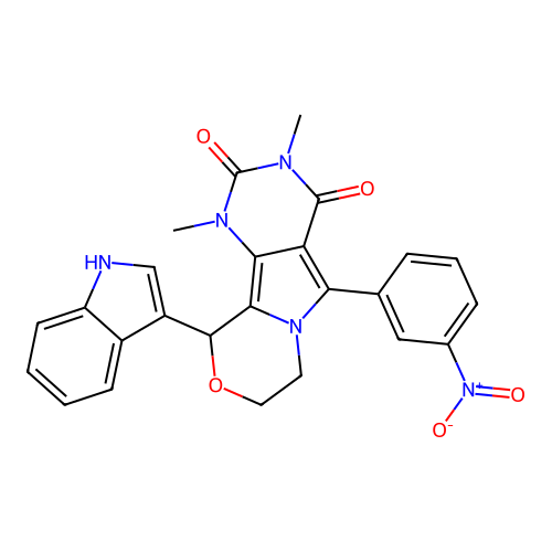 10-(1H-indol-3-yl)-1,3-dimethyl-5-(3-nitrophenyl)-1,7,8,10-tetrahydro-2H-pyrimido[4',5':3,4]pyrrolo[2,1-c][1,4]oxazine-2,4(3H)-dione structure