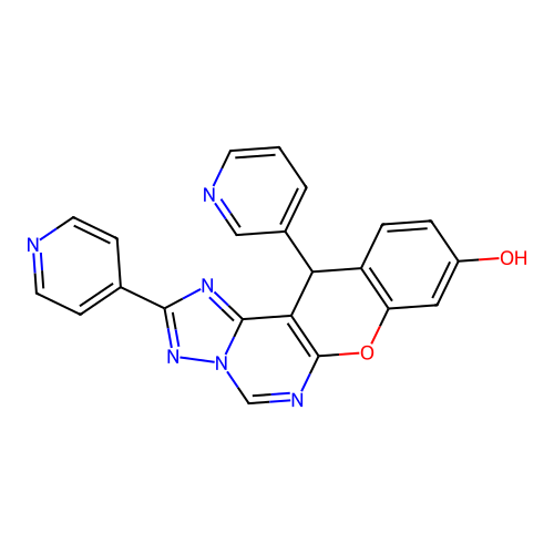 12-(pyridin-3-yl)-2-(pyridin-4-yl)-12H-chromeno[3,2-e][1,2,4]triazolo[1,5-c]pyrimidin-9-ol structure