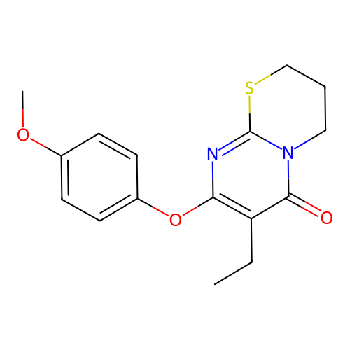 7-ethyl-8-(4-methoxyphenoxy)-3,4-dihydro-2H,6H-pyrimido[2,1-b][1,3]thiazin-6-one structure