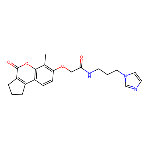 N-(3-(1H-imidazol-1-yl)propyl)-2-((6-methyl-4-oxo-1,2,3,4-tetrahydrocyclopenta[c]chromen-7-yl)oxy)acetamide structure