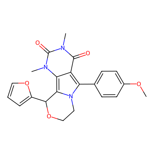 10-(2-furyl)-5-(4-methoxyphenyl)-1,3-dimethyl-1,7,8,10-tetrahydro-2H-pyrimido[4',5':3,4]pyrrolo[2,1-c][1,4]oxazine-2,4(3H)-dione structure