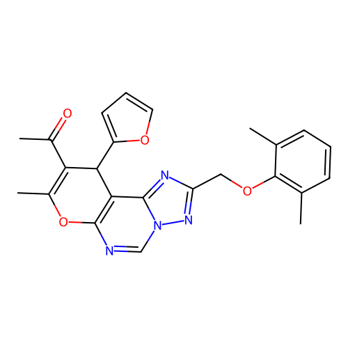1-(2-((2,6-dimethylphenoxy)methyl)-10-(furan-2-yl)-8-methyl-10H-pyrano[3,2-e][1,2,4]triazolo[1,5-c]pyrimidin-9-yl)ethanone structure