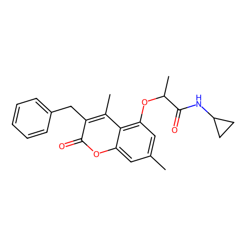 2-((3-benzyl-4,7-dimethyl-2-oxo-2H-chromen-5-yl)oxy)-N-cyclopropylpropanamide structure