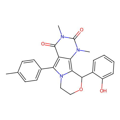 10-(2-hydroxyphenyl)-1,3-dimethyl-5-(4-methylphenyl)-1,7,8,10-tetrahydro-2H-pyrimido[4',5':3,4]pyrrolo[2,1-c][1,4]oxazine-2,4(3H)-dione structure