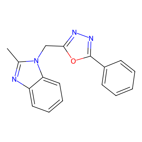 2-((2-methyl-1H-benzo[d]imidazol-1-yl)methyl)-5-phenyl-1,3,4-oxadiazole structure
