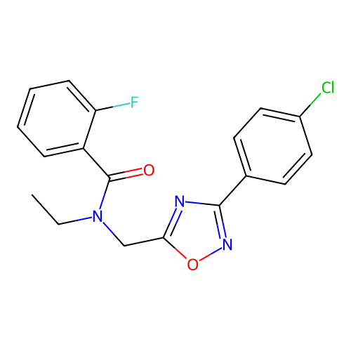 N-[[3-(4-chlorophenyl)-1,2,4-oxadiazol-5-yl]methyl]-N-ethyl-2-fluorobenzamide structure