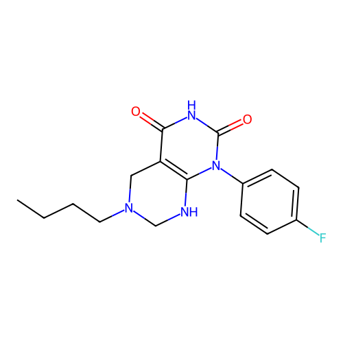6-butyl-1-(4-fluorophenyl)-5,6,7,8-tetrahydropyrimido[4,5-d]pyrimidine-2,4(1H,3H)-dione structure