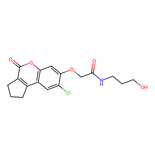 2-((8-chloro-4-oxo-1,2,3,4-tetrahydrocyclopenta[c]chromen-7-yl)oxy)-N-(3-hydroxypropyl)acetamide structure