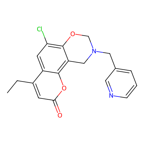 6-chloro-4-ethyl-9-(pyridin-3-ylmethyl)-8,10-dihydropyrano[2,3-f][1,3]benzoxazin-2-one structure