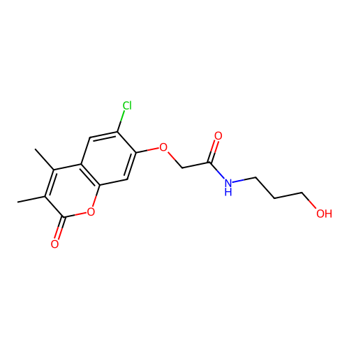 2-((6-chloro-3,4-dimethyl-2-oxo-2H-chromen-7-yl)oxy)-N-(3-hydroxypropyl)acetamide structure