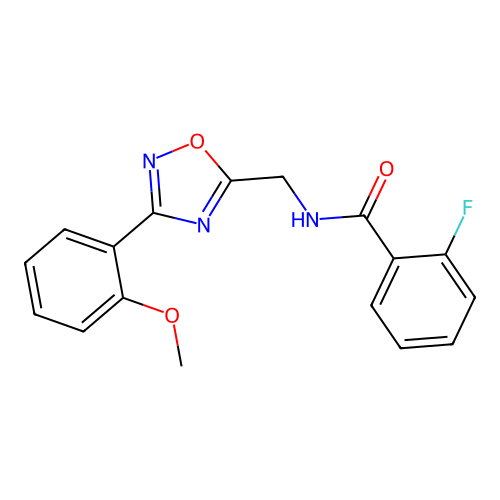 2-fluoro-N-((3-(2-methoxyphenyl)-1,2,4-oxadiazol-5-yl)methyl)benzamide structure