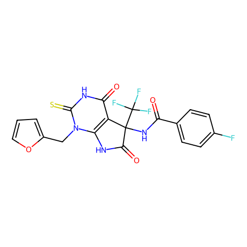 4-fluoro-N-(1-(furan-2-ylmethyl)-4,6-dioxo-2-thioxo-5-(trifluoromethyl)-2,3,4,5,6,7-hexahydro-1H-pyrrolo[2,3-d]pyrimidin-5-yl)benzamide structure