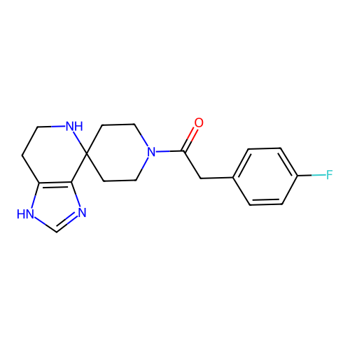 2-(4-fluorophenyl)-1-(1,5,6,7-tetrahydrospiro[imidazo[4,5-c]pyridine-4,4'-piperidin]-1'-yl)ethanone structure