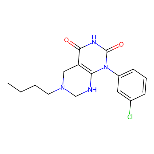 6-butyl-1-(3-chlorophenyl)-5,6,7,8-tetrahydropyrimido[4,5-d]pyrimidine-2,4(1H,3H)-dione structure