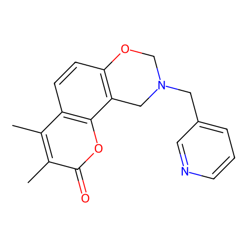 3,4-dimethyl-9-(pyridin-3-ylmethyl)-8,10-dihydropyrano[2,3-f][1,3]benzoxazin-2-one structure