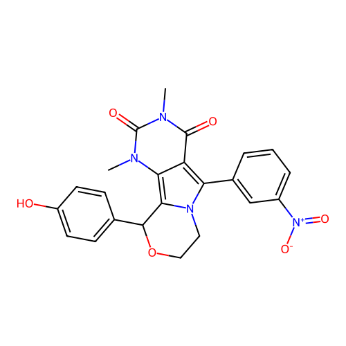 10-(4-hydroxyphenyl)-1,3-dimethyl-5-(3-nitrophenyl)-1,7,8,10-tetrahydro-2H-pyrimido[4',5':3,4]pyrrolo[2,1-c][1,4]oxazine-2,4(3H)-dione structure