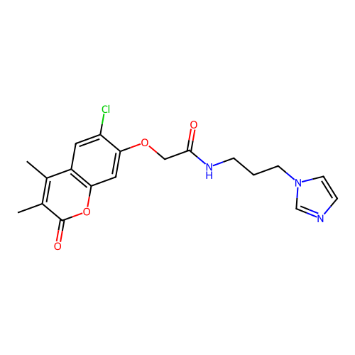 2-[(6-chloro-3,4-dimethyl-2-oxo-2H-chromen-7-yl)oxy]-N-[3-(1H-imidazol-1-yl)propyl]acetamide structure