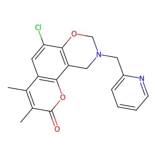 6-chloro-3,4-dimethyl-9-(pyridin-2-ylmethyl)-8,10-dihydropyrano[2,3-f][1,3]benzoxazin-2-one structure