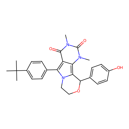 5-(4-(tert-butyl)phenyl)-10-(4-hydroxyphenyl)-1,3-dimethyl-7,8-dihydro-1H-pyrimido[4',5':3,4]pyrrolo[2,1-c][1,4]oxazine-2,4(3H,10H)-dione structure