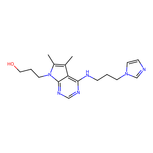 3-[4-(3-imidazol-1-ylpropylamino)-5,6-dimethylpyrrolo[2,3-d]pyrimidin-7-yl]propan-1-ol structure