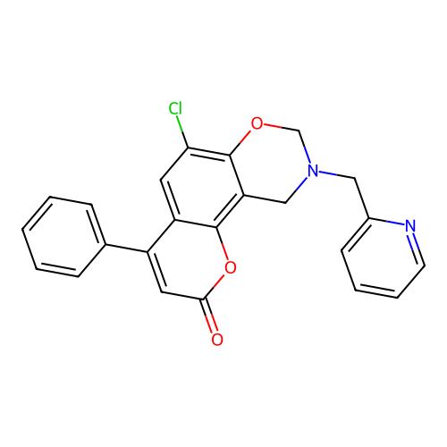 6-chloro-4-phenyl-9-(pyridin-2-ylmethyl)-8,10-dihydropyrano[2,3-f][1,3]benzoxazin-2-one structure