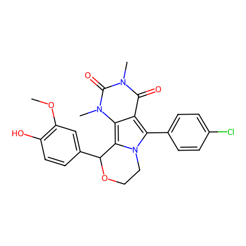 5-(4-chlorophenyl)-10-(4-hydroxy-3-methoxyphenyl)-1,3-dimethyl-1,7,8,10-tetrahydro-2H-pyrimido[4',5':3,4]pyrrolo[2,1-c][1,4]oxazine-2,4(3H)-dione structure