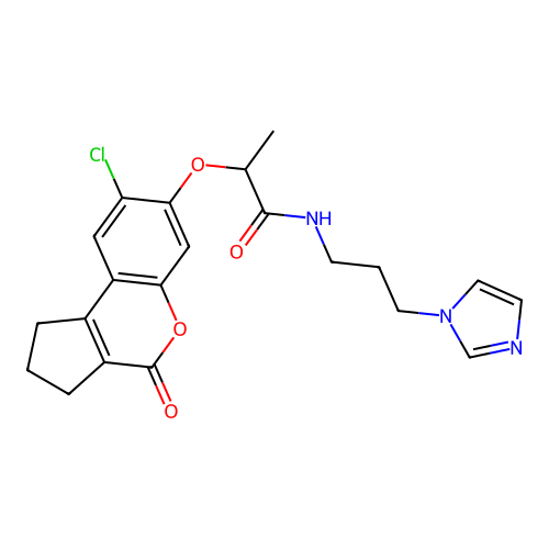 2-[(8-chloro-4-oxo-1,2,3,4-tetrahydrocyclopenta[c]chromen-7-yl)oxy]-N-[3-(1H-imidazol-1-yl)propyl]propanamide structure